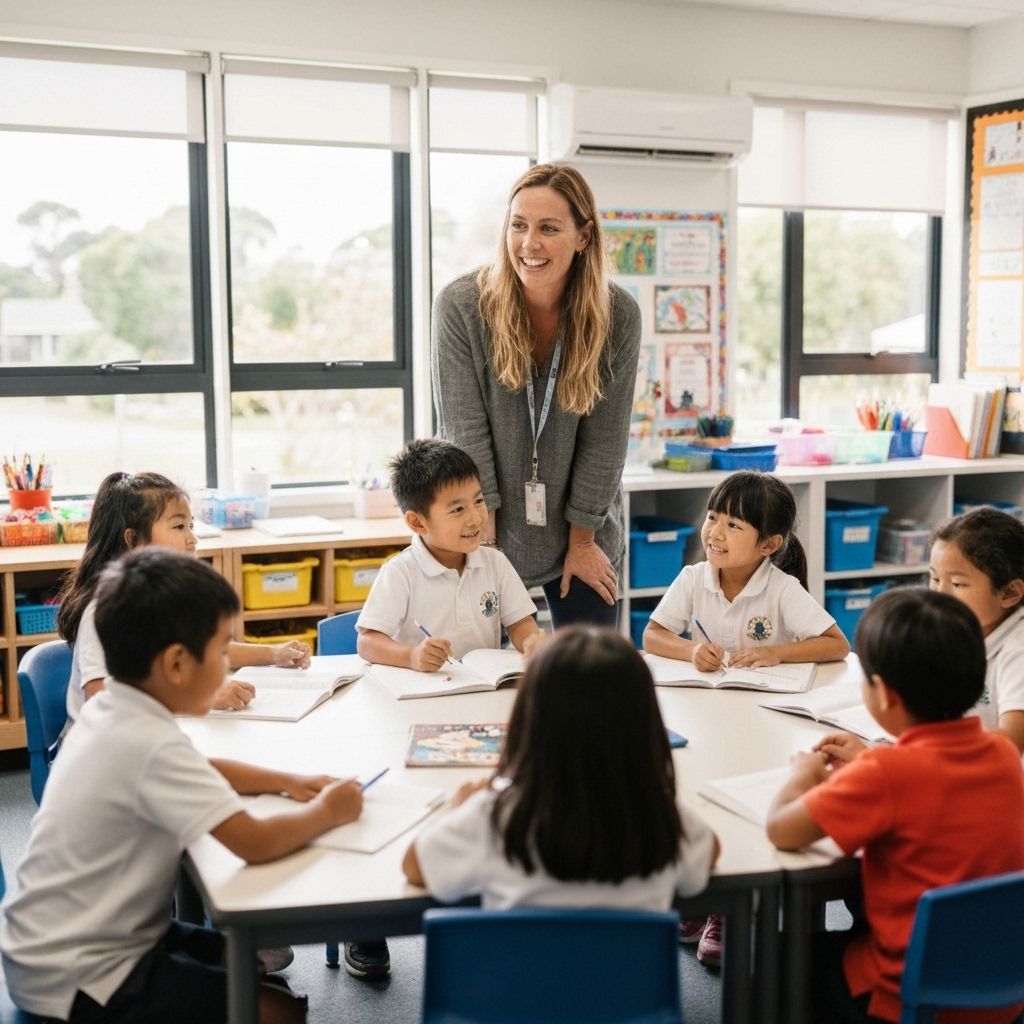 Teacher with students in New Zealand classroom